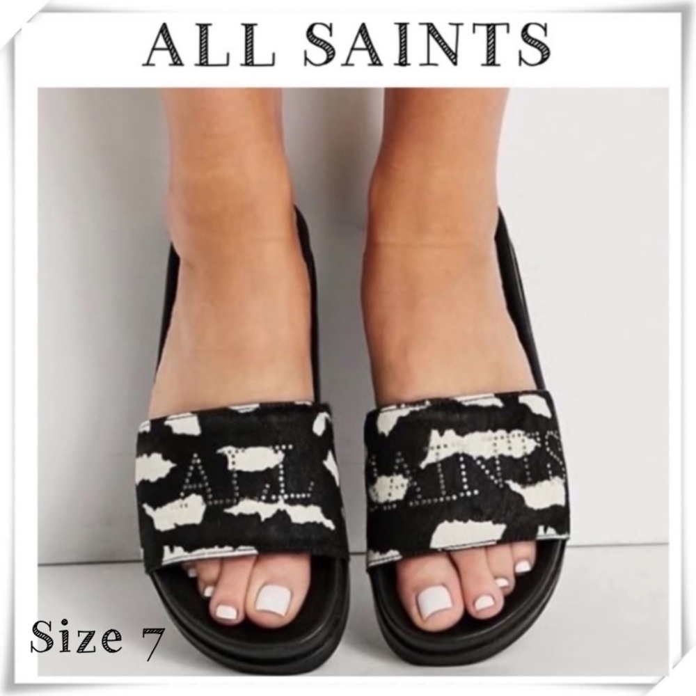 All Saints Sophie Cow Print Calf Hair Leather Chunky Slides Mule in Black Size 7